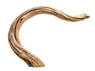 Curved piece of driftwood isolated on transparent background in studio shot