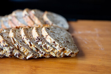 Close-up of multigrain artisan loaf with visible seeds and rustic crust, photographed in natural light. Ideal for healthy food themes. 