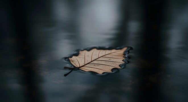 Detailed macro photo of dead leaf resting on gentle water, muted colors and bokeh background enhance solitude.