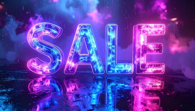 Glowing SALE text, blue/pink, reflective surface, smoky/cloudy backg. Vivid, vibrant. 3D render, electric aesthetic