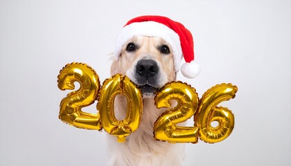 Golden retriever wears a santa hat & holds 2026 balloons against a white backdrop, looking at the camera