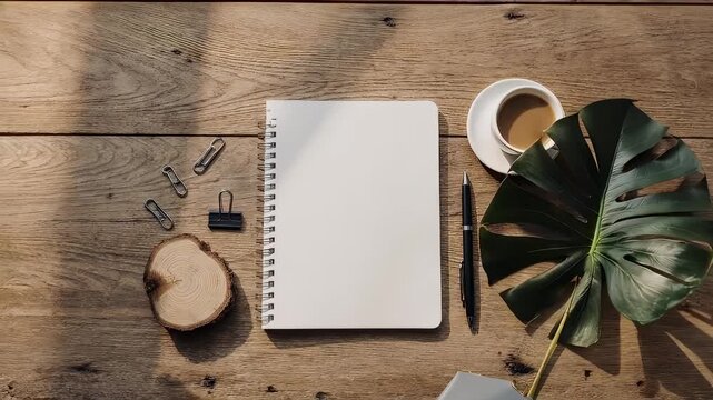 Desk setup notebook, coffee, leaf on wood