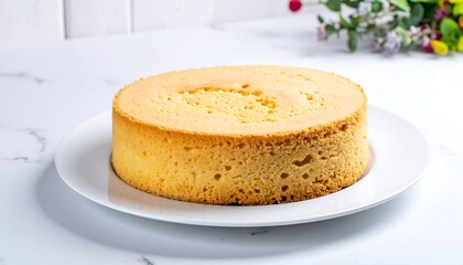 Golden round cake sits on a white plate on a marble surface, with blurred flowers in the background