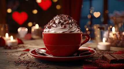 Hot beverage with whipped cream and chocolate in romantic candlelit setting