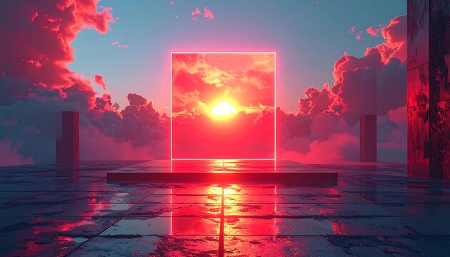 Glowing square portal reflects the sunset in a dreamy, surreal world with a wet, tiled floor and pink clouds - Powered by Adobe
