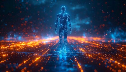 Glowing, stylized figure walks down a path of light, surrounded by bokeh. Future, network, technology vibe