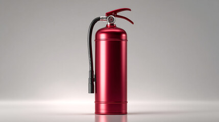 Fototapeta premium A shiny red fire extinguisher stands against a light gray backdrop studio shot