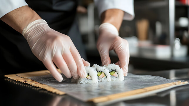 Sushi chef assembling rolls. Wearing gloves for food safety, the chef meticulously prepares fresh sushi, ensuring precision and quality in every piece. Delicious cuisine.