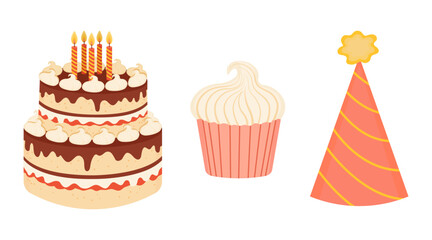Birthday set. Two-tier cake with chocolate cream and lit candles. Cupcake with crème brûlée. Orange party hat with yellow stripes and a pom-pom. Vector illustration. Icon. Close-up of festive element.