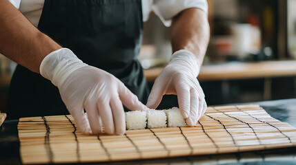 Sushi chef prepares rice rolls on a bamboo mat wearing gloves and black apron for a food photography session, capturing the art of sushi making with precision.