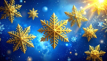 Golden snowflakes glitter against a dreamy blue and white cosmic background with glowing stars and shining light