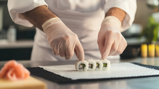 Close-up of chef in culinary whites wearing gloves delicately prepares sushi rolls on a textured mat, showcasing culinary precision and artistry in food preparation.
