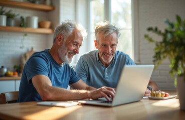 Two smiling older men with grey hair use laptop together at kitchen table. They seem happy viewing screen in bright home setting, possibly video call or browsing news. Relaxed companionship.