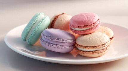 A close up of colorful macarons stacked on a white plate in soft lighting