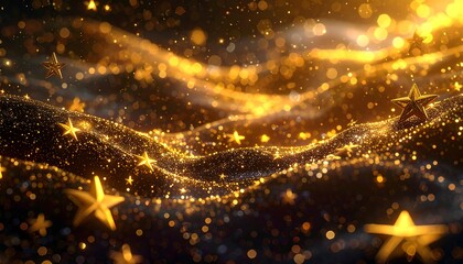 Golden stars float on shimmering waves of light, set against a dark background filled with bokeh sparkles