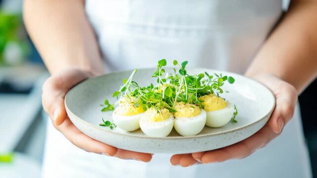Handcrafted deviled eggs with fresh microgreens in a light and airy kitchen setting