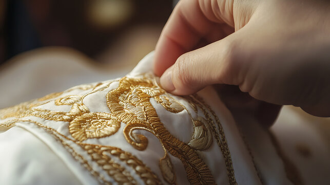 Delicate hand embroidery on a pristine white fabric, showcasing intricate floral patterns in shimmering golden threads. A human hand touches the fabric with utmost care. #embroideryart