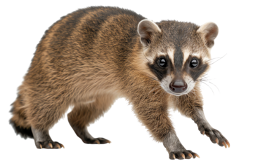 A raccoon-like creature stands poised, showcasing its distinct markings and curious expression against a white background.