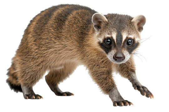 A raccoon-like creature stands poised, showcasing its distinct markings and curious expression against a white background.