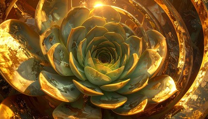 Golden succulent with textured, shiny spiral patterns. Backlit. A mix of natural form and abstract digital art