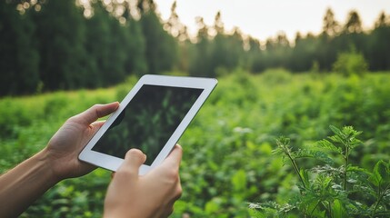 Individual Analyzing Environmental Data with Tablet Technology Surrounded by Lush Greenery Outdoors