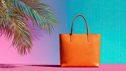 Orange Tote Bag Against Vibrant Background with Palm Leaves.
