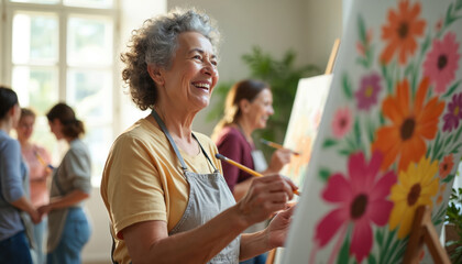 Mature woman paints flowers in art class with friends. Smiling artist creates artwork on canvas. Group enjoys creative hobby, painting together in the studio. Artistic retired people learn new skills.
