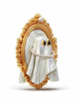 3D halloween theme cute ghost wearing pearl neckless attached with rotating golden frame on white Background