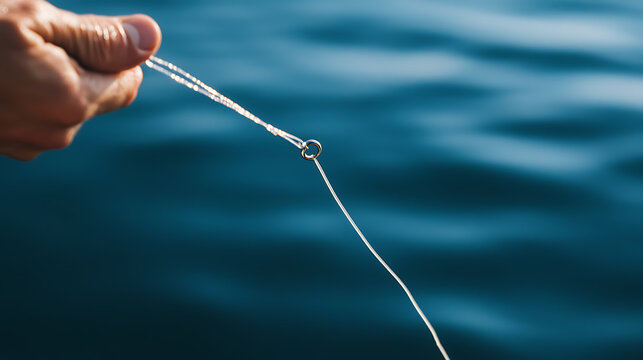 A hand gently holds a fishing line taut against the backdrop of a deep blue ocean. The thin line is poised, ready for the anticipated tug of a fish in the sea.