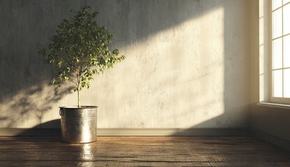 Potted tree bathed in sunlight by a window in a room.