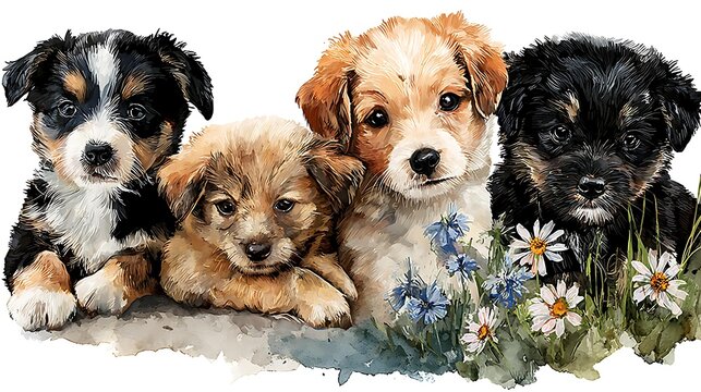 Watercolor realistic portrait of a cavapoo puppy sitting among blooming pastel spring flower Home and Nursery Decor Digital Art and Print Bundles