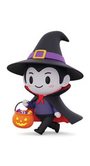 A cute cartoon vampire character dressed as a witch, holding a pumpkin-shaped candy bucket filled with treats.