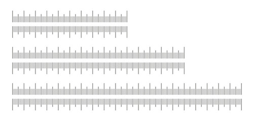 Metric ruler icons. Chart 10, 15, 20 centimeters. Scales for ruler in centimeters. Metrics indicators cm. Measuring scale templates. Length, height, distance, sewing, measuring tool.