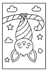 Colorful Bat Hanging from Candy Cane in Whimsical Christmas Scene, Vector Illustration, Fun Holiday Vibes