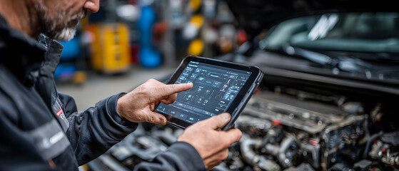 An expert inspects the engine bay by using a tablet computer with interactive diagnostics software. The manager uses the tablet computer to find broken components in the engine bay.
