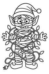 Elf Struggles with Lights in Festive Home, Coloring Illustration, Cheerful Environment, Humorous Concept