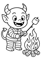 Playful Little Devil Roasting Marshmallows by the Campfire, Fun Illustration, Cozy Camping Scene, Whimsical Design