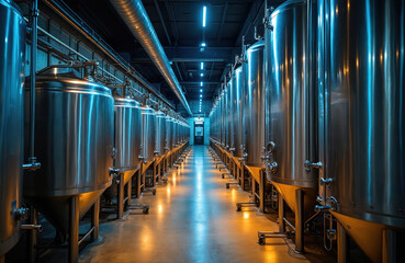 Long rows of shiny stainless steel fermentation tanks fill modern craft brewery facility. Industrial vessels used for beer production, storage, processing. Large metal equipment shows empty bright