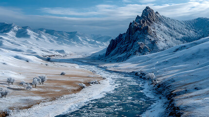 Aerial view of frozen river flowing through a snowy valley with mountains in the background scene
