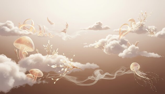 Whimsical ethereal dreamscape with glowing jellyfish and mushrooms floating amidst soft clouds under warm golden sunlight - Powered by Adobe