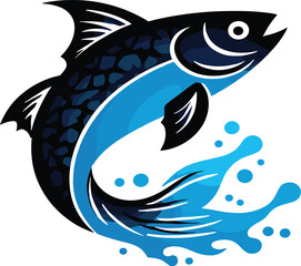 Fototapeta premium Dynamic leaping fish splashes blue water, vibrant logo