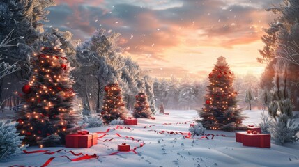 Decorated christmas trees with red garlands into a forest on a snowy sunrise close to xmas gifts in red boxes , Generative AI illustration