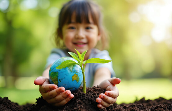 Young girl holds small globe with seedling. She plants green sprout in soil. Future growth, earth care, kid learns nature, protect planet, sustainability concept. Young child helps nature. - Powered by Adobe