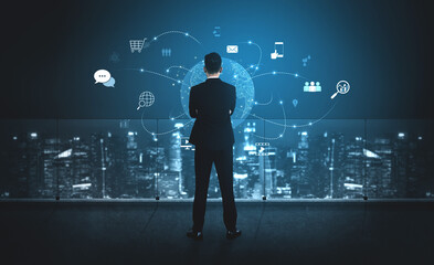 Visualization of global digital communication and online across multiple platforms, including global network, digital network, communication network, and online network. Vouch