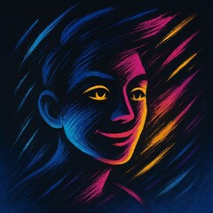 Neon face with colorful brushstroke night lighting