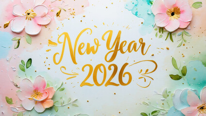 New Year 2026 with Watercolor Flowers and Gold Calligraphy on an Artistic Background