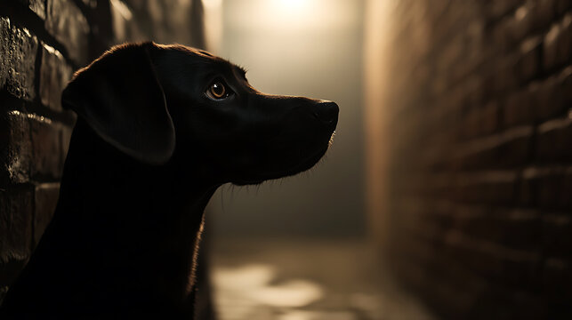 A sleek black dog gazes pensively down a dimly lit brick alley, its sleek coat contrasting with the gritty urban landscape. The dog's eye shines with intelligence.