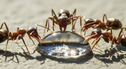Ants Drinking from a Water Droplet
