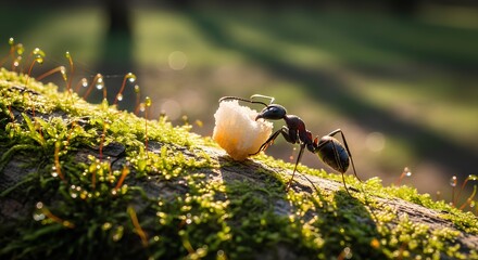 Black Ant Carrying Crumb on a Branch
