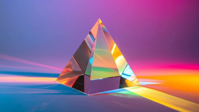 A faceted glass prism refracts light, creating colorful beams against a gradient background of purple, pink, and orange